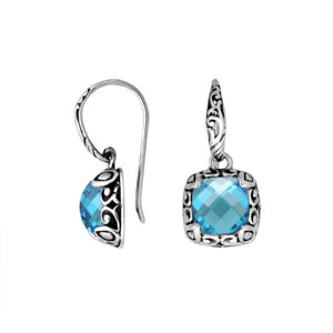 Sterling silver cushion earrings with Blue Topaz Quartz and ornate scroll design for wholesale collections.