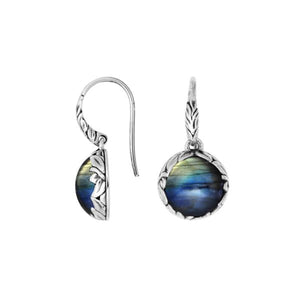 Sterling silver round drop earrings with Labradorite and ornate oxidized silver detailing for wholesale collections.
