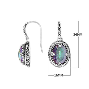 Sterling silver oval drop earrings with Mystic Quartz and ornate oxidized silver detailing for wholesale collections.