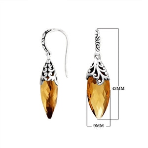 Sterling Silver Long Marquise Citrine Quartz Earrings With Ornate Scroll Caps Handcrafted In Bali