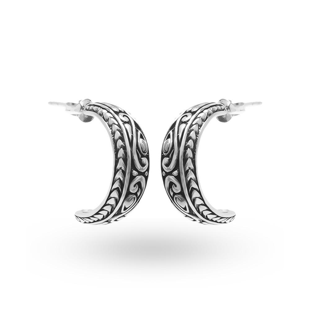 Wholesale Sterling Silver Engraved Balinese Half-Hoop Earrings With Oxidized Detailing