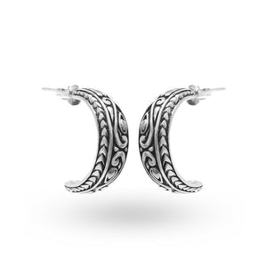 Wholesale Sterling Silver Engraved Balinese Half-Hoop Earrings With Oxidized Detailing