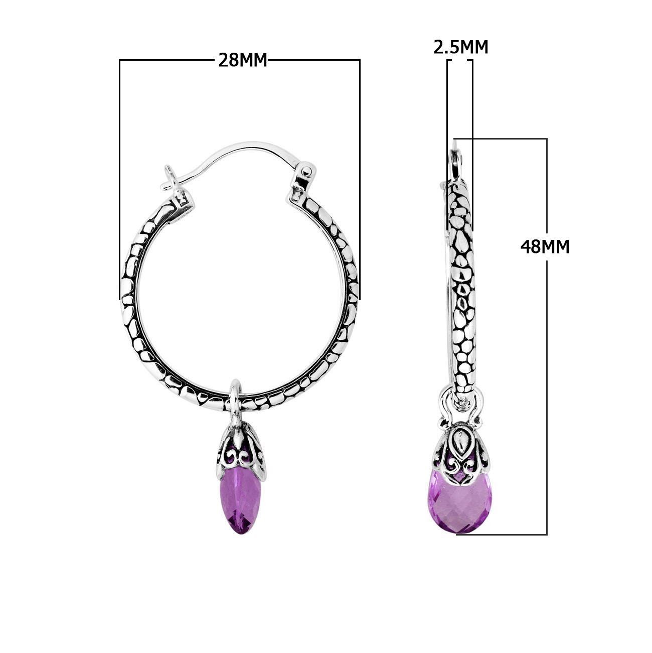 Wholesale Sterling Silver Hoop Earrings With Amethyst Quartz Teardrop Dangle And Balinese Detailing