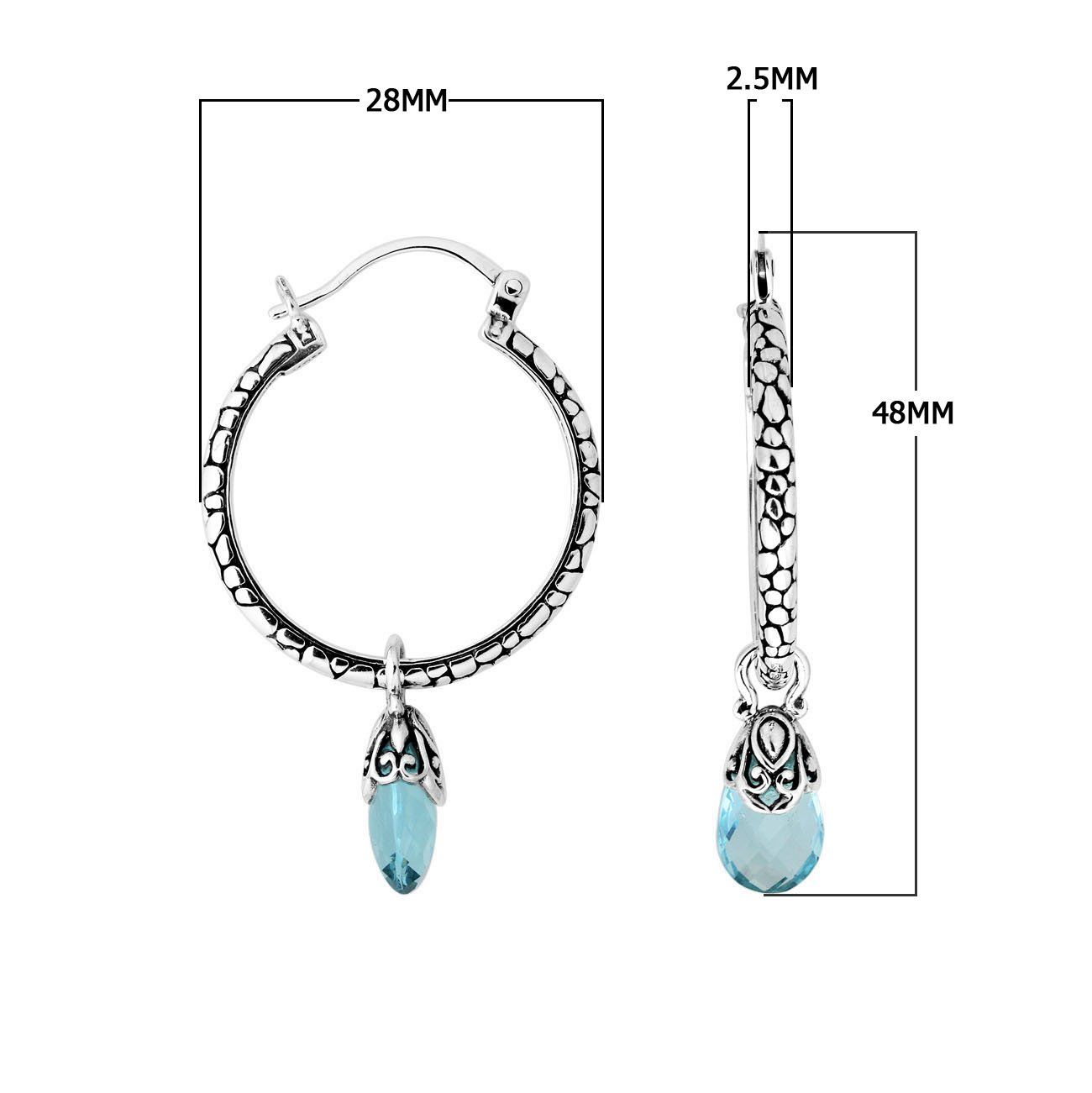 Wholesale Sterling Silver Hoop Earrings With Blue Topaz Quartz Teardrop Dangle And Balinese Detailing