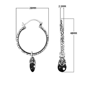 Wholesale sterling silver Black Onyx hoop earrings with faceted drop and Balinese handicraft design handcrafted in Bali