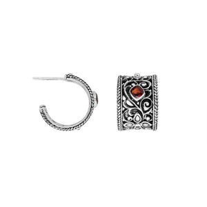Wholesale Sterling Silver Wide Filigree Half-Hoop Earrings With Garnet Quartz Centerpiece