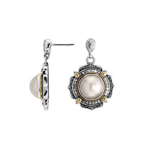 Sterling Silver With 18K Gold Drop Earrings With Center Mabe Pearl And Ornate Oxidized Detailing
