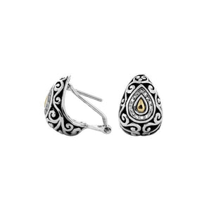 Sterling Silver With 18K Gold Teardrop Earrings With Swirl Pattern And Diamond Center