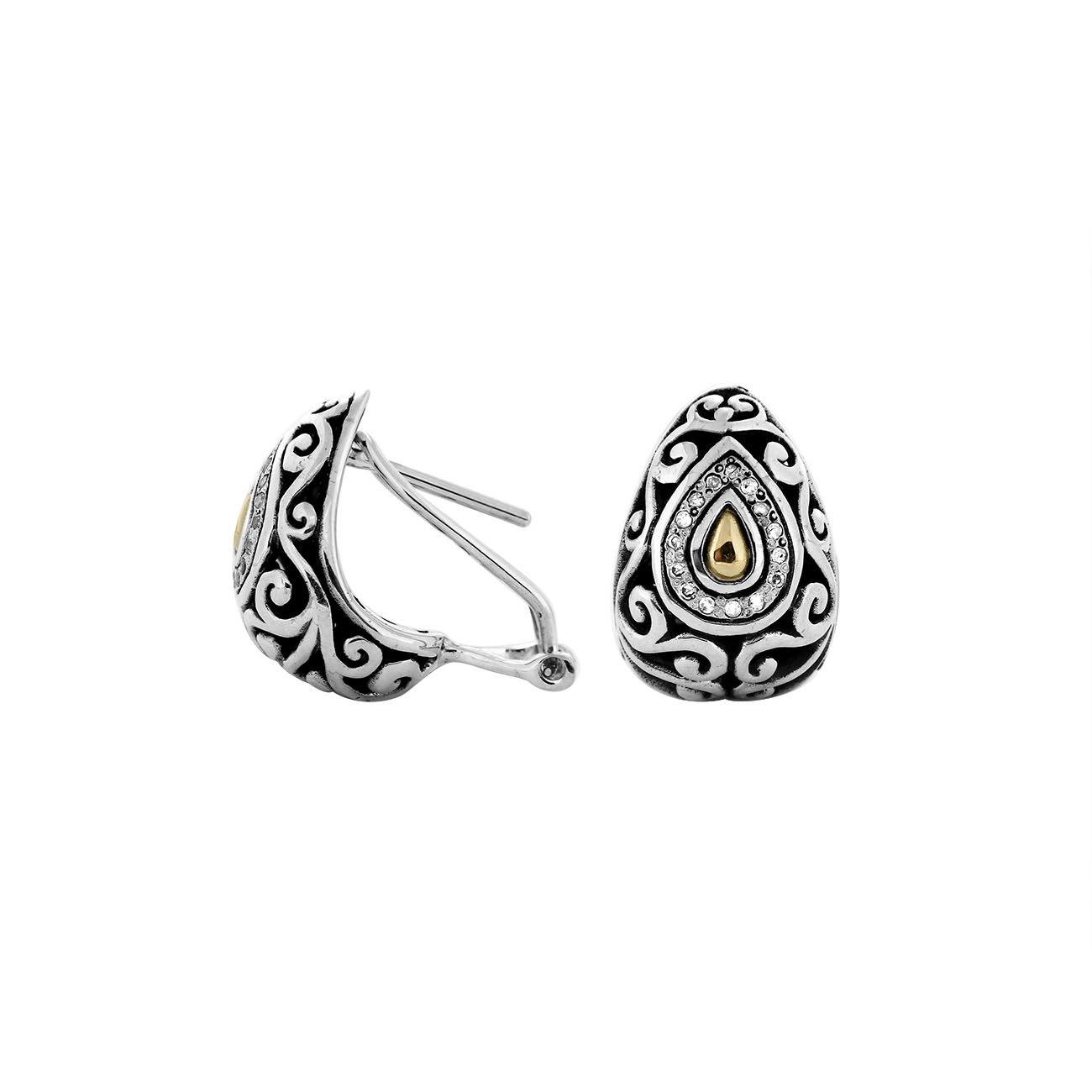 Sterling Silver With 18K Gold Teardrop Earrings With Swirl Pattern And Diamond Center