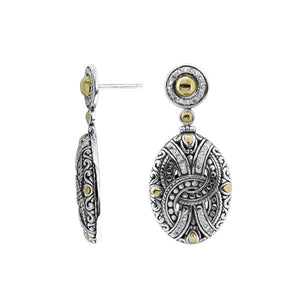 Sterling Silver With 18K Gold Oval Drop Earrings With Scroll Pattern And Diamond Accents