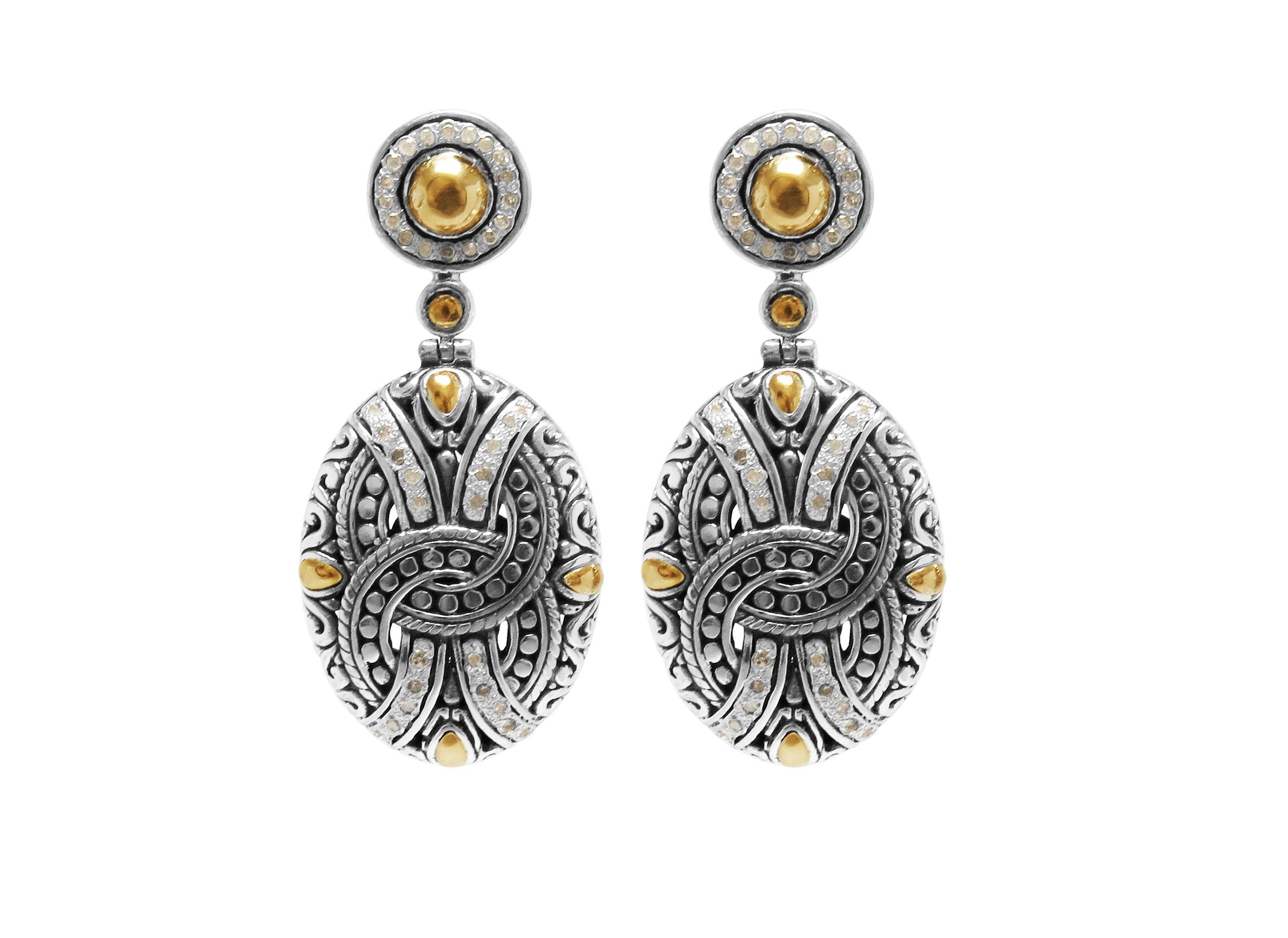 Sterling Silver With 18K Gold Oval Drop Earrings With Scroll Pattern And Diamond Accents