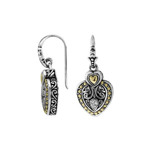 Sterling Silver With 18K Gold Heart Drop Earrings With Scroll Pattern And Diamond Accent