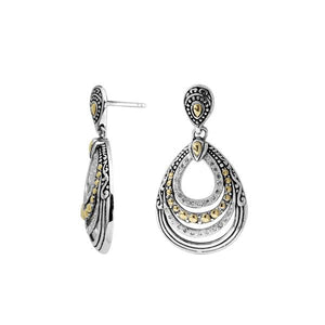 Sterling Silver With 18K Gold Teardrop Earrings With Layered Swirl Design And Diamond Accents
