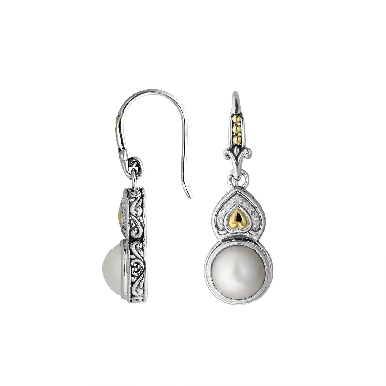 Sterling Silver With 18K Gold Pearl Drop Earrings With Heart Top And Diamond Accents