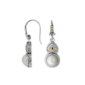 Sterling Silver With 18K Gold Pearl Drop Earrings With Heart Top And Diamond Accents