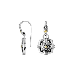 Sterling Silver With 18K Gold Square Drop Earrings With Filigree Design And Diamond Accents