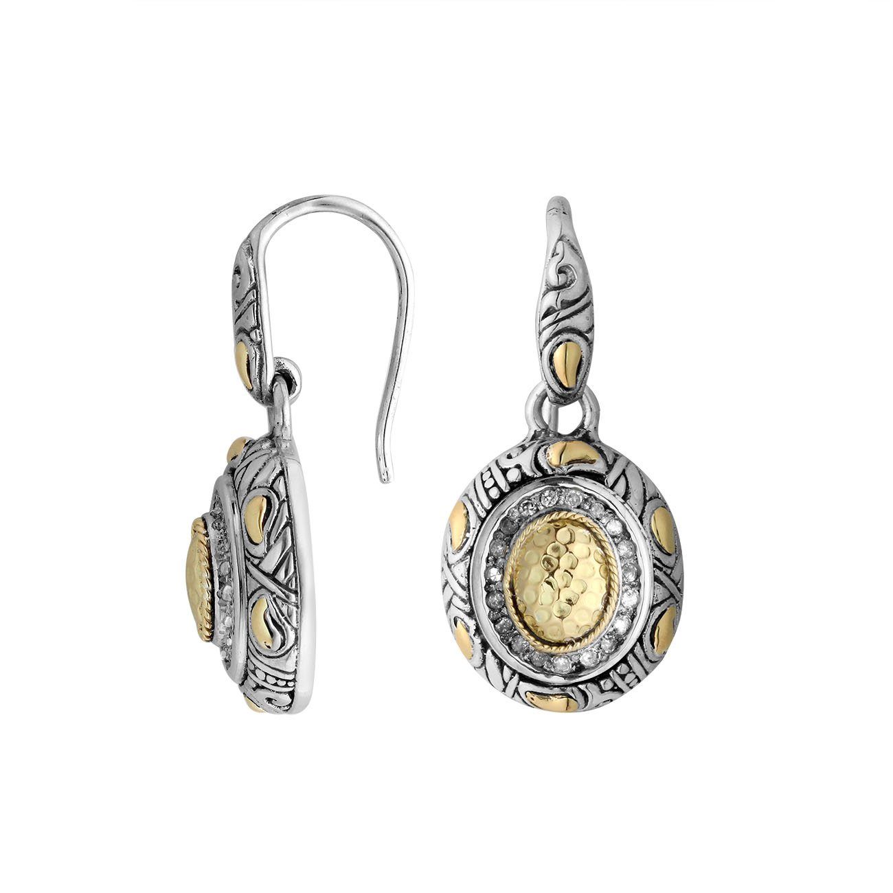 Sterling Silver With 18K Gold Oval Drop Earrings With Hammered Center And Diamond Accents