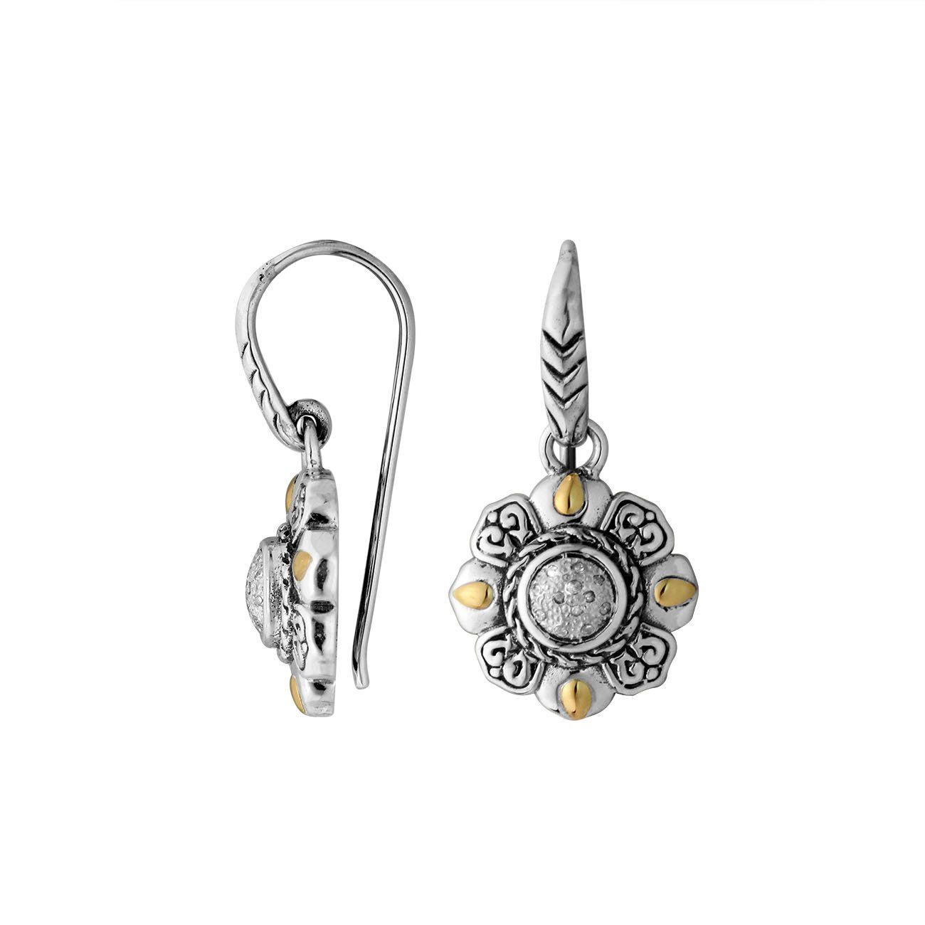 Sterling Silver With 18K Gold Floral Mandala Drop Earrings With Diamond Center