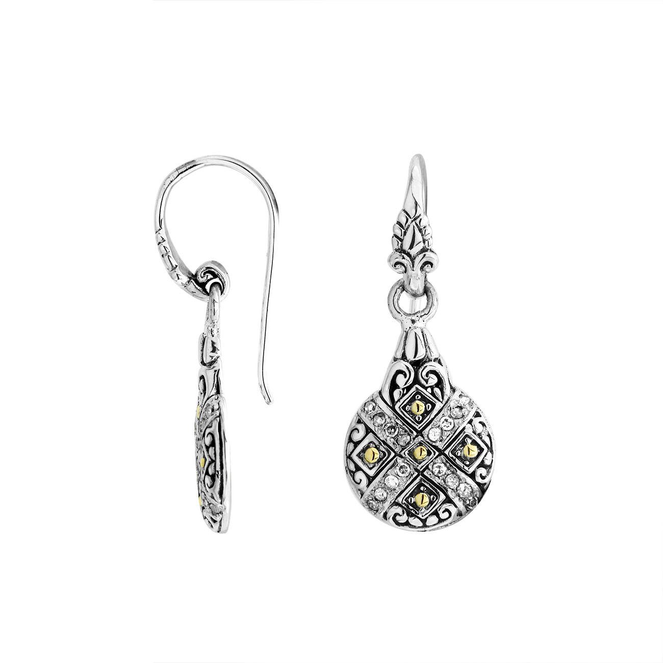 Sterling Silver With 18K Gold Patterned Oval Filigree Drop Earrings With Diamond Accents