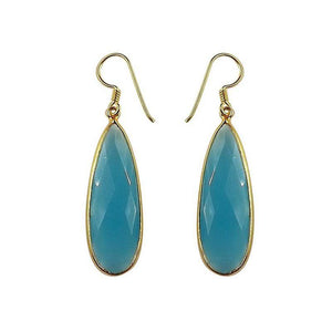 Sterling Silver With 18K Gold Overlay Long Teardrop Blue Chalcedony Quartz Dangle Earrings