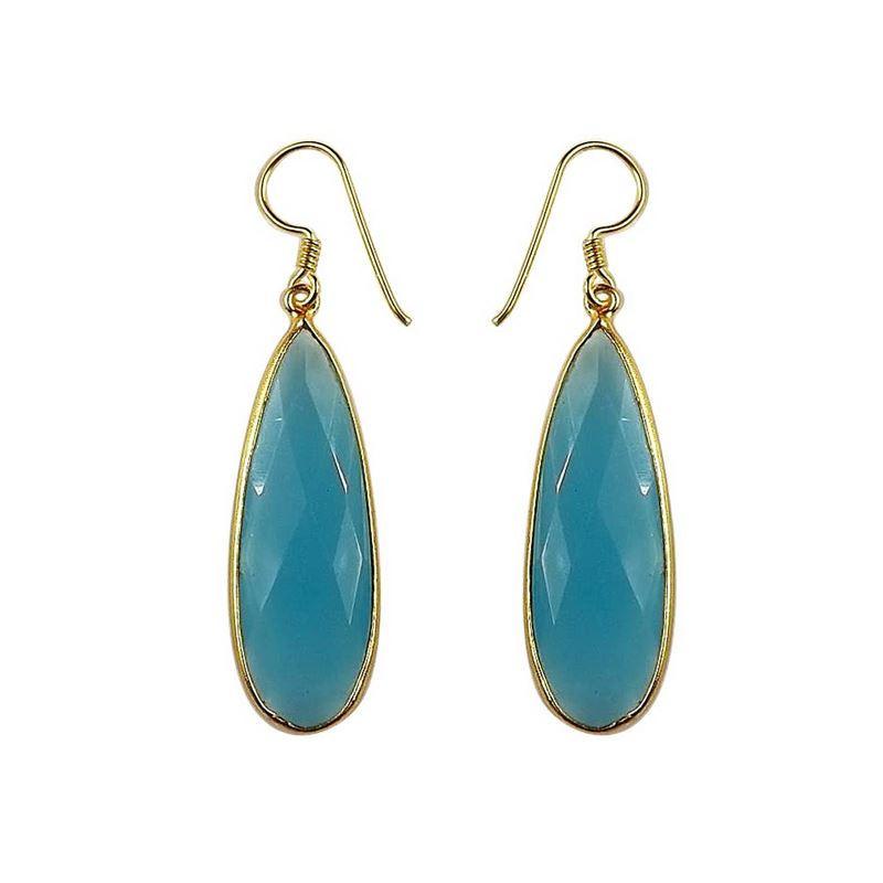Sterling Silver With 18K Gold Overlay Long Teardrop Blue Chalcedony Quartz Dangle Earrings