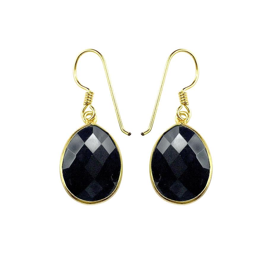 Sterling Silver With 18K Gold Overlay Faceted Oval Black Onyx Dangle Earrings