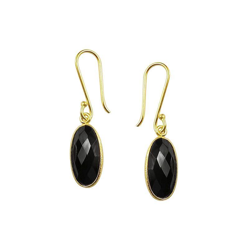 Sterling Silver With 18K Gold Overlay Faceted Long Oval Black Onyx Dangle Earrings