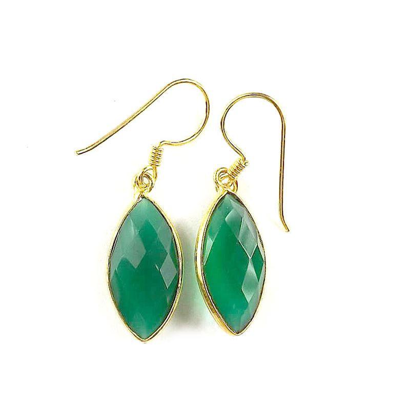 Sterling Silver 18K Gold Overlay Green Onyx Marquise Dangle Earrings