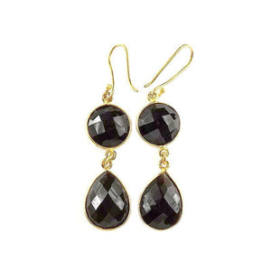 Sterling Silver 18K Gold Overlay Double Black Onyx Round And Pear Dangle Earrings