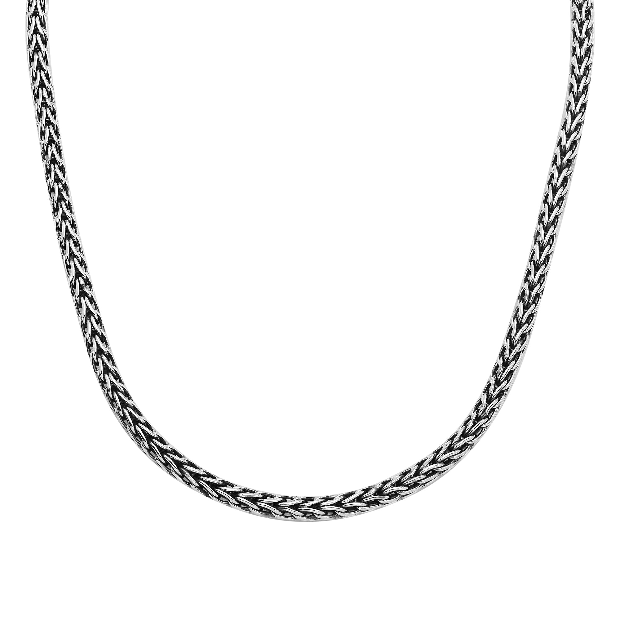 Wholesale sterling silver woven chain necklace with artisan box clasp and oxidized-polished finish, handcrafted in Bali.