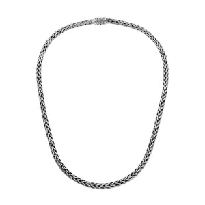 Wholesale sterling silver woven chain necklace with artisan box clasp and oxidized-polished finish, handcrafted in Bali.