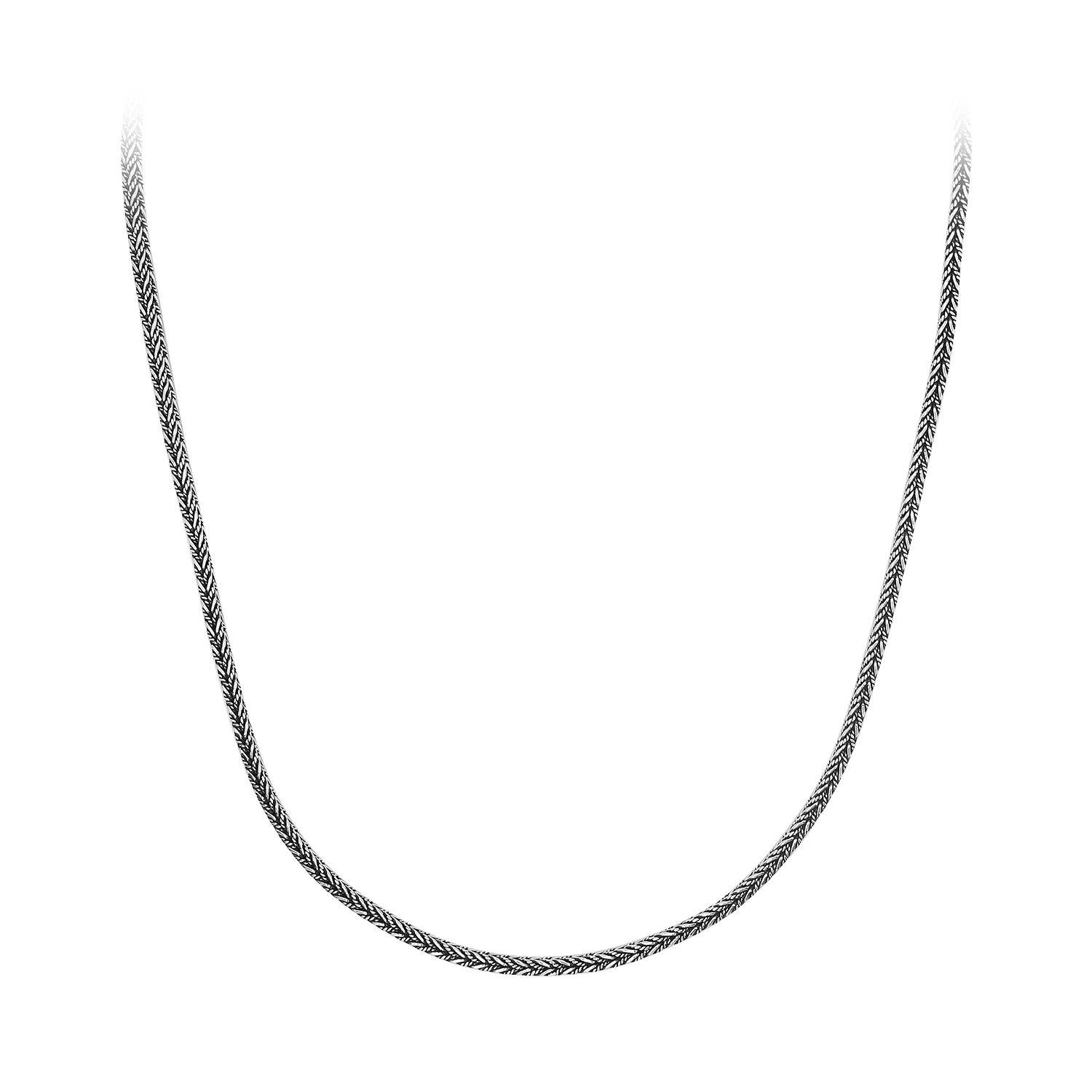 Handcrafted sterling silver 4MM wheat chain necklace with polished-oxidized finish and artisan clasp, made in Bali.