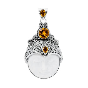 Wholesale sterling silver pendant with hand-carved white shell moon face and faceted Citrine Quartz, Bali scrollwork artisan jewelry for bulk orders.