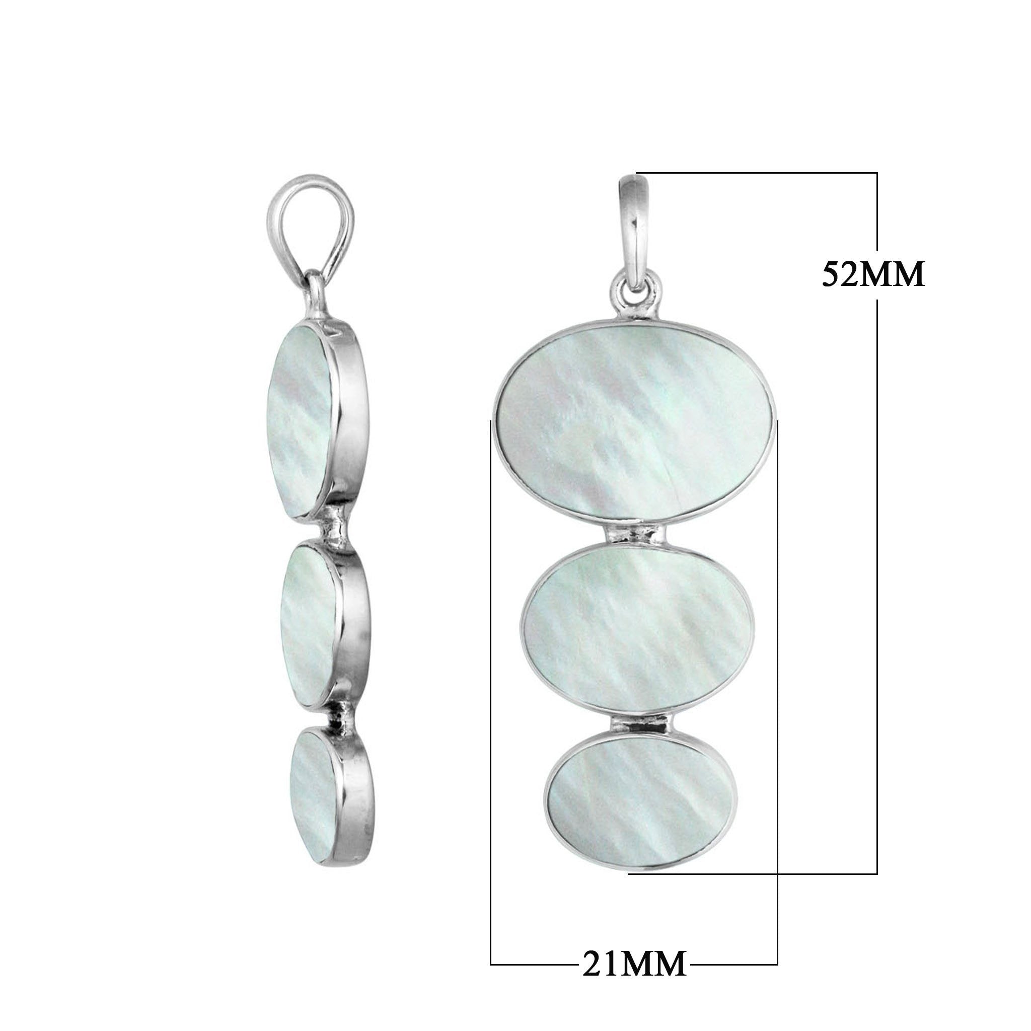 Sterling silver triple oval Mother of Pearl pendant, handcrafted Bali jewelry available for wholesale purchase.
