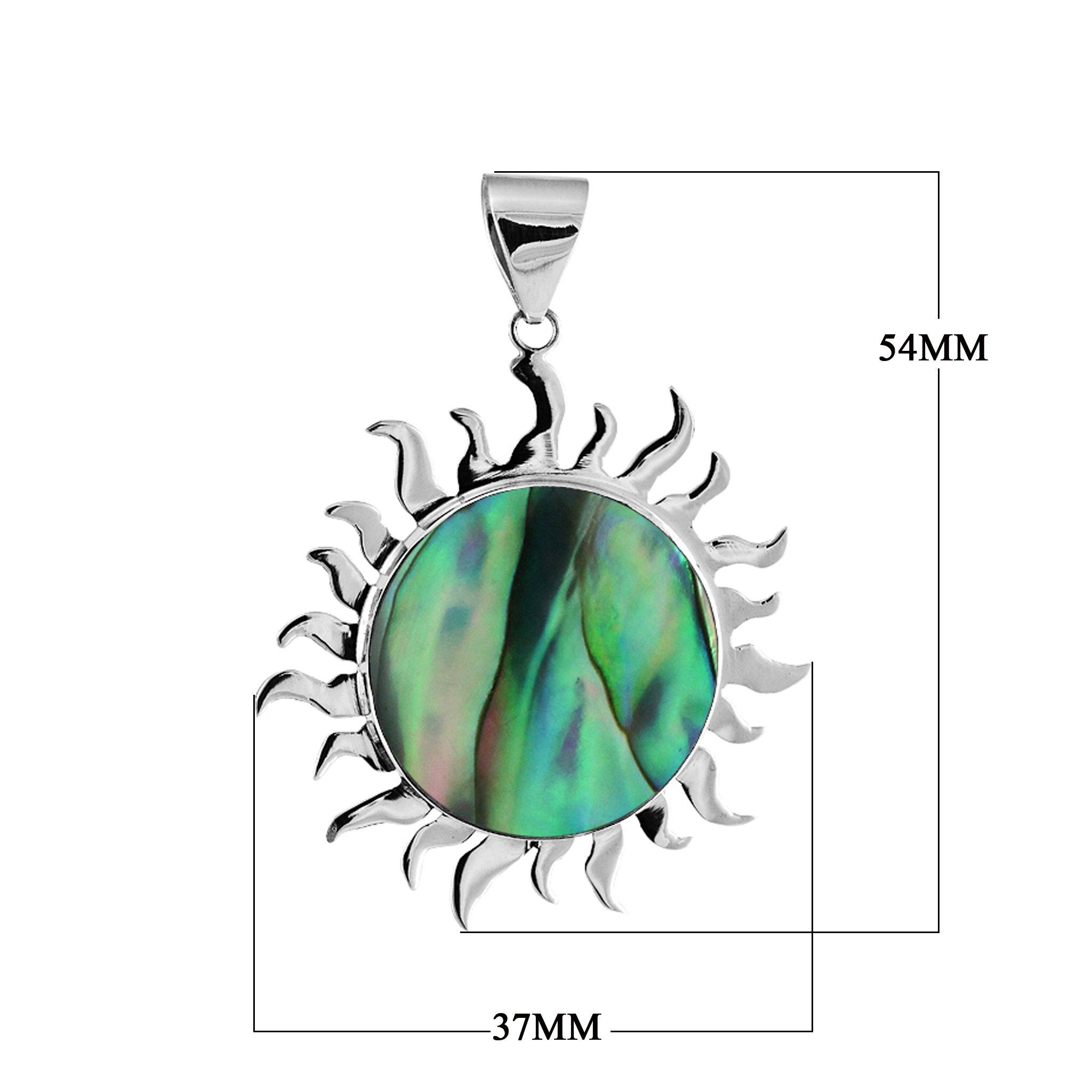 Sterling silver sun pendant with round Abalone Shell centerpiece, handcrafted Bali jewelry available for wholesale purchase.