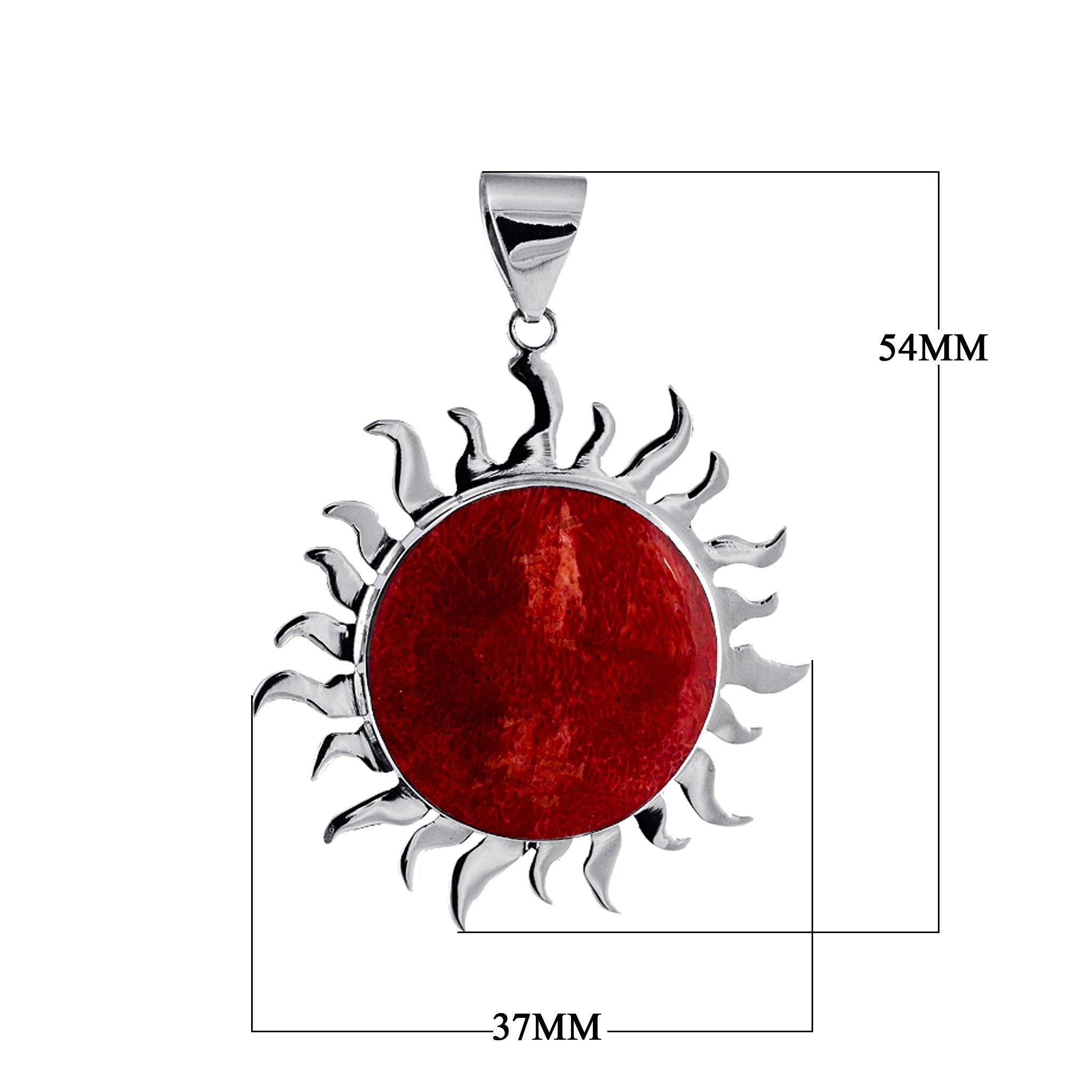 Sterling silver sun pendant with round Red Coral centerpiece, handcrafted Bali jewelry available for wholesale purchase.