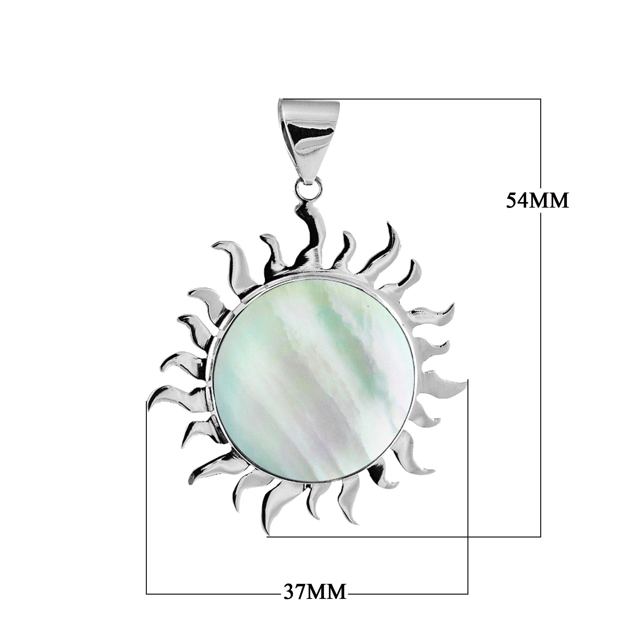 Sterling silver sun pendant with round Mother of Pearl centerpiece, handcrafted Bali jewelry available for wholesale purchase.