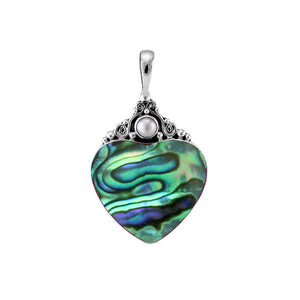 Sterling silver heart pendant with vibrant abalone shell and round Fresh Water Pearl accent, handcrafted Bali jewelry available for wholesale purchase.