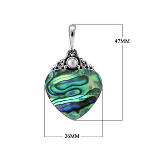 Sterling silver heart pendant with vibrant abalone shell and round Mother of Pearl accent, handcrafted Bali jewelry available for wholesale purchase.