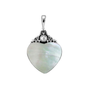 Sterling silver heart pendant with luminous Mother of Pearl centerpiece and artisan scrollwork, handcrafted Bali jewelry available for wholesale purchase.