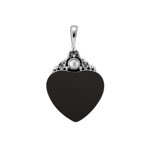 Sterling silver heart pendant with black shell and round Mother of Pearl accent, handcrafted Bali jewelry available for wholesale purchase.