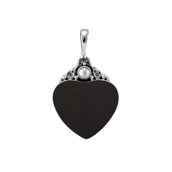AP-1025-SHB Sterling Silver Heart Shape Pendant with Black Shell And Round Mother Of Pearl Jewelry Bali Designs Inc 