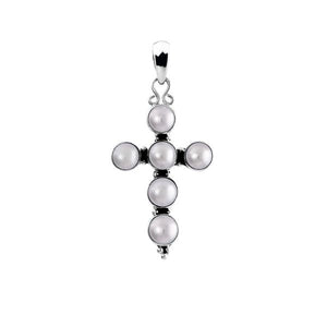 Sterling silver cross pendant with luminous freshwater pearls, handcrafted Bali jewelry available for wholesale purchase.