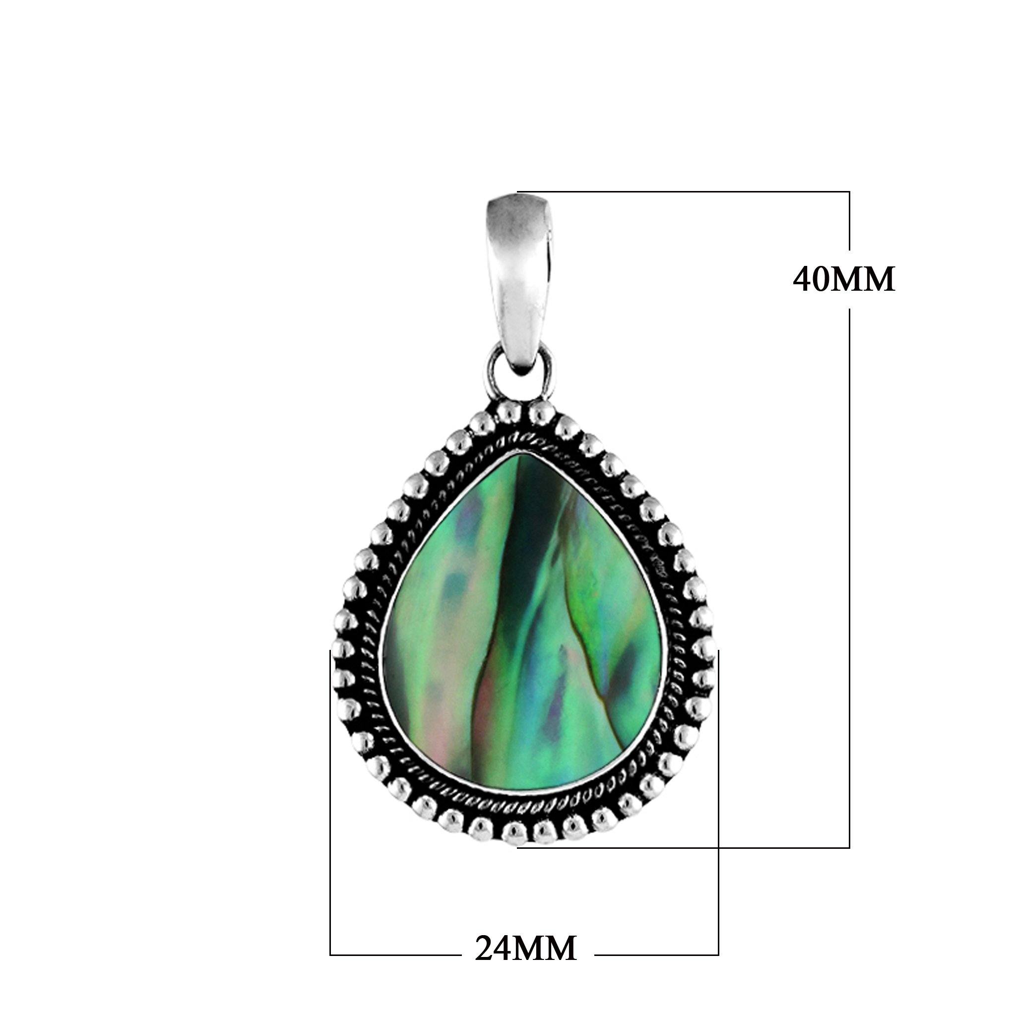 Sterling silver pear-shaped pendant with vibrant abalone shell centerpiece and granulated rope design, handcrafted Bali jewelry available for wholesale purchase.