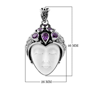 Wholesale sterling silver pendant with hand-carved bone face and amethyst gemstones, Bali artisan jewelry in bulk.