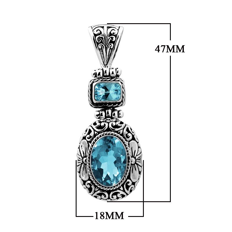Wholesale sterling silver Blue Topaz pendant with oval and square gemstones, handcrafted Bali filigree design and oxidized finish, artisan jewelry for bulk orders.