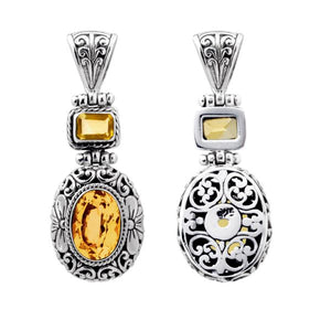Wholesale sterling silver Citrine pendant with oval and square gemstones, handcrafted Bali filigree design and oxidized finish, artisan jewelry for bulk orders.
