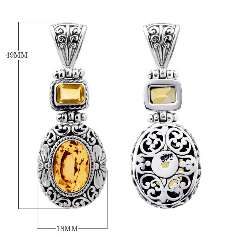 Wholesale sterling silver Citrine pendant with oval and square gemstones, handcrafted Bali filigree design and oxidized finish, artisan jewelry for bulk orders.