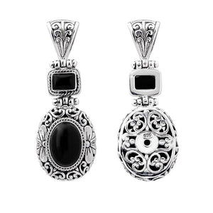 Wholesale sterling silver Black Onyx pendant with oval and square gemstones, handcrafted Bali filigree design and oxidized finish, artisan jewelry for bulk orders.