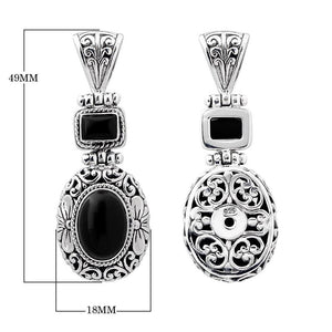 Wholesale sterling silver Black Onyx pendant with oval and square gemstones, handcrafted Bali filigree design and oxidized finish, artisan jewelry for bulk orders.